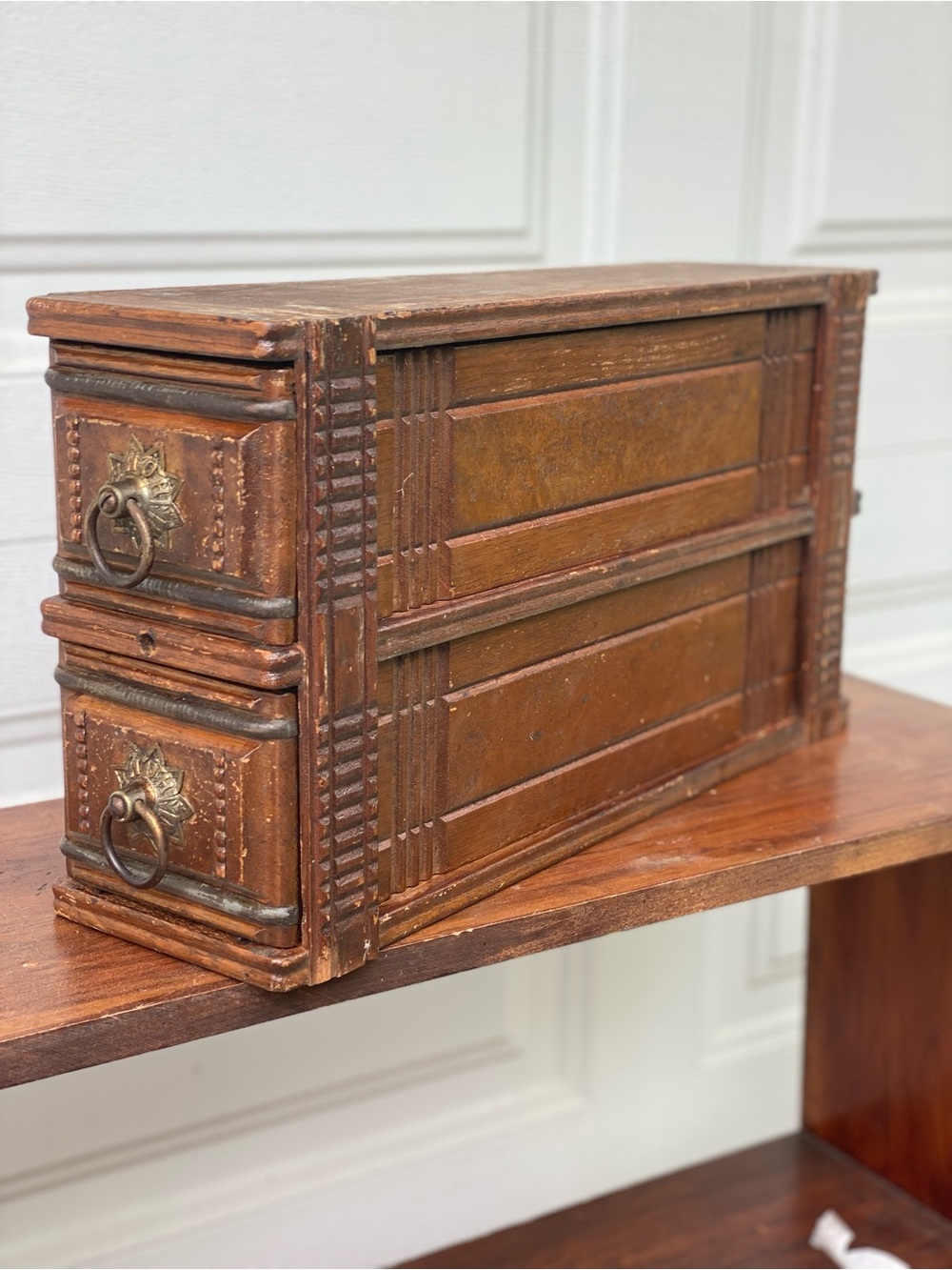 Vintage Antique Carved Wood Double Drawer Set with Brass Ring Pulls